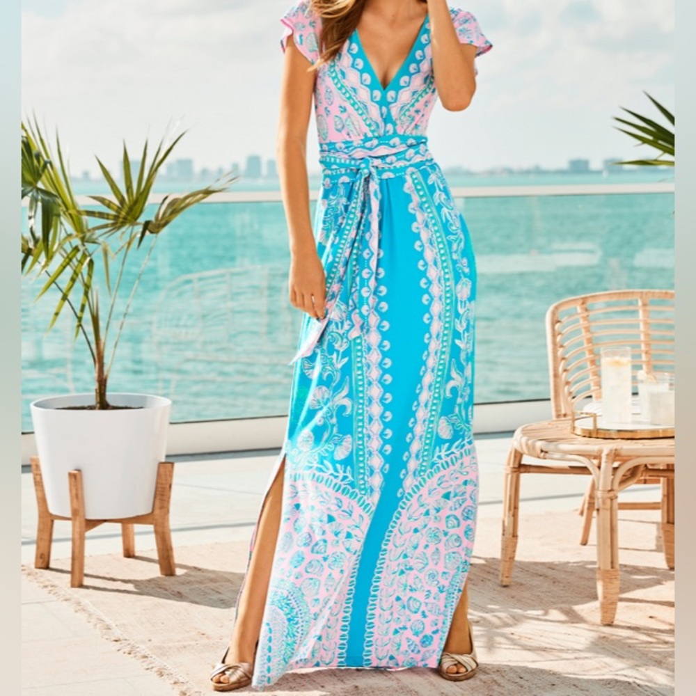 COPY - Lilly Pulitzer Esmarella Maxi Dress Turquoise Water Ya Waiting For VNeck…